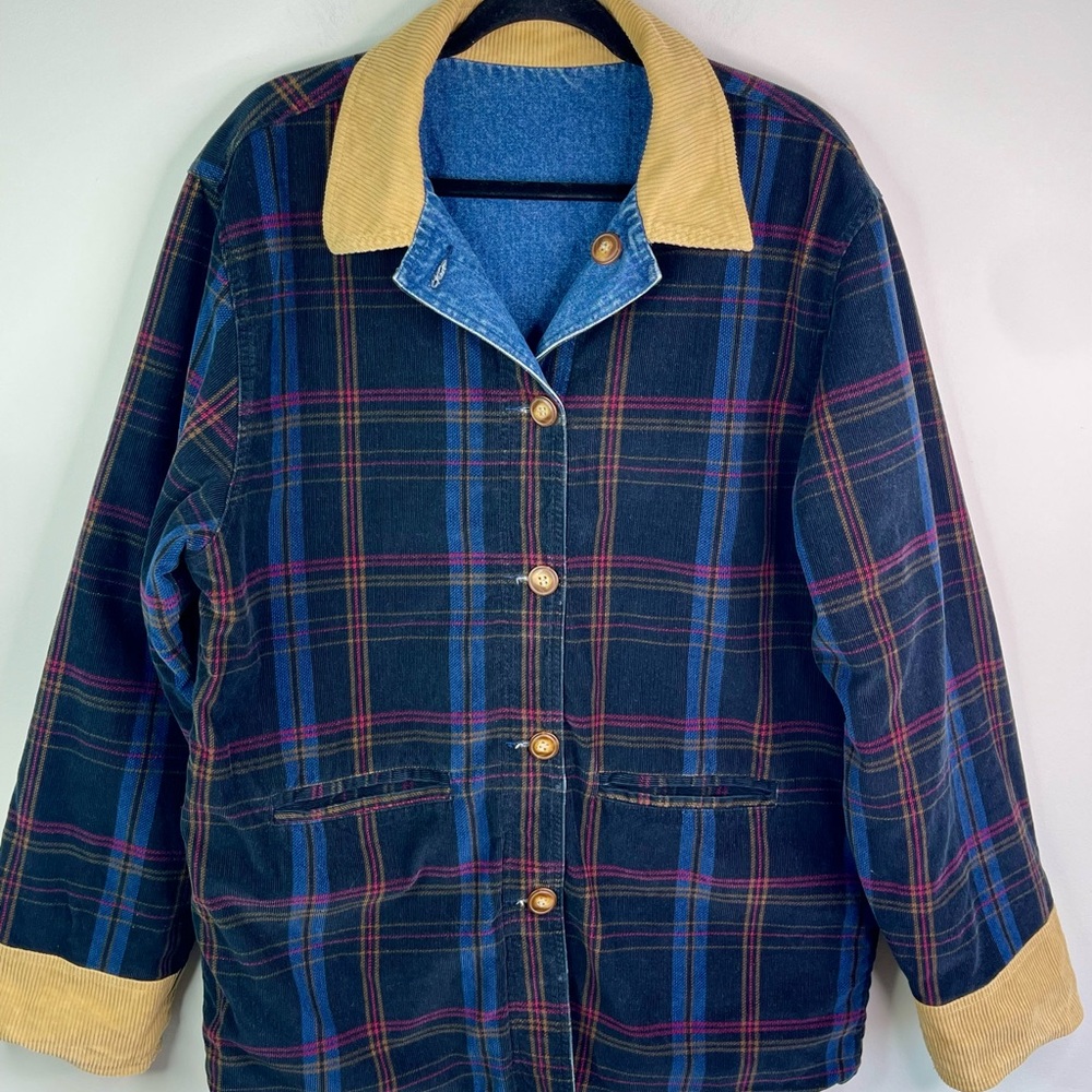 Vintage Herman Geist 90’s  Reversible Barn Coat Denim-Plaid Corduroy Size L - Picture 6 of 12